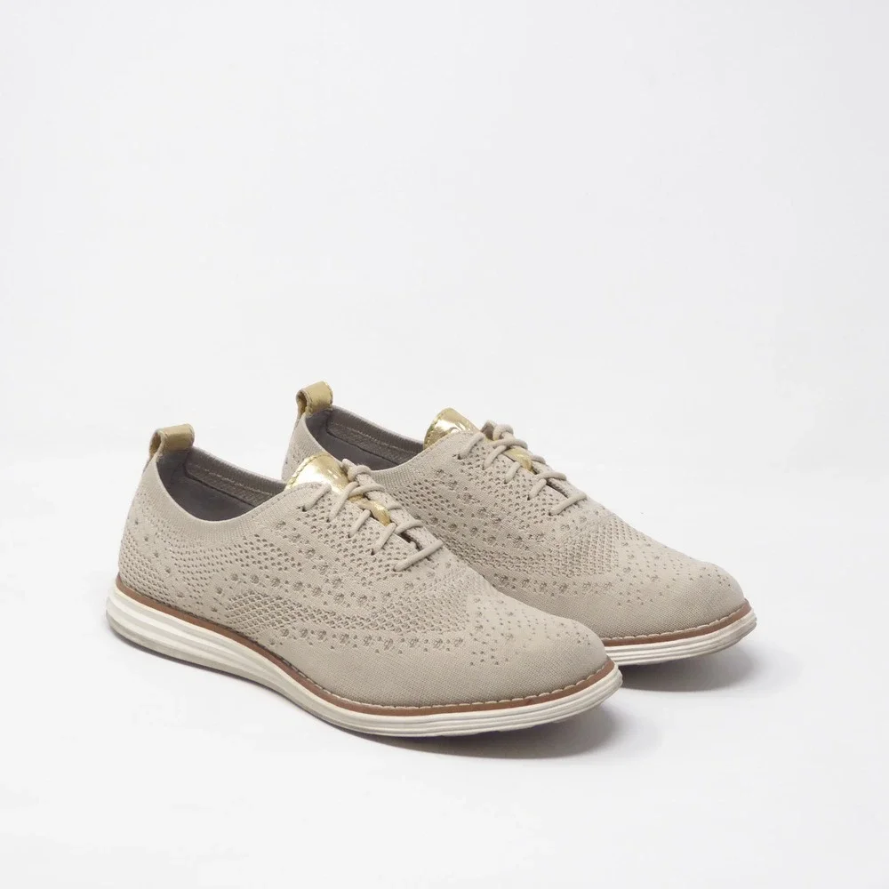 Cole Haan Womens Originalgrand Wingtip Oxfords Stitchlite Beige Gold Knit 6B
